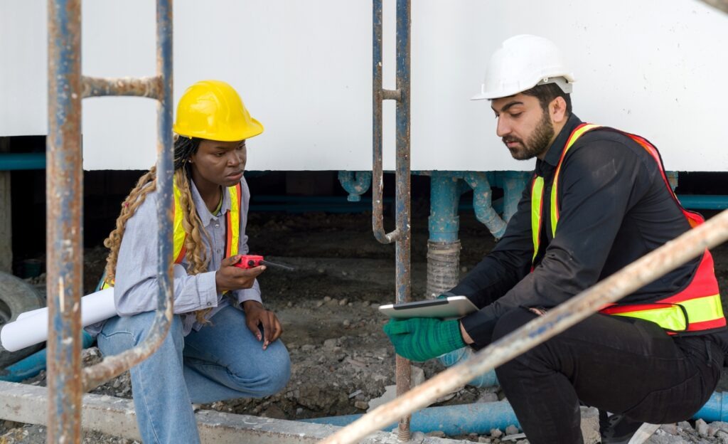 Two engineers discuss about the plans at the building site